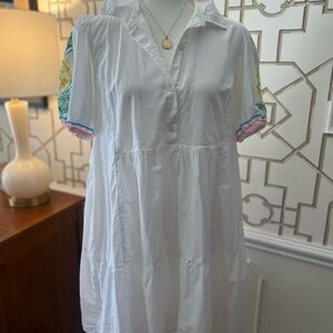 White Short Sleeve Dress with Colorful Embroidered Sleeves